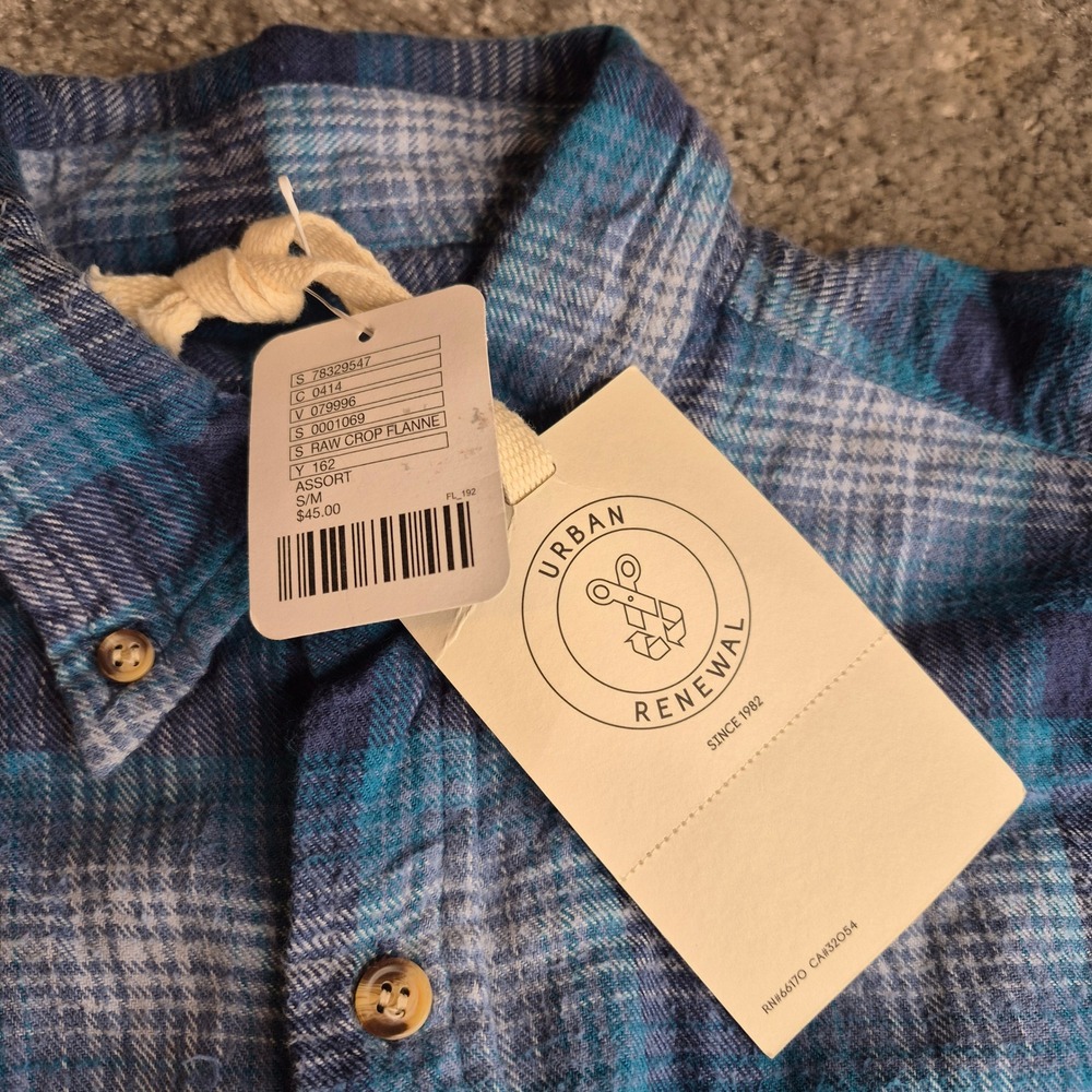 NEW Urban Renewal Womens Raw Crop Flannel Shirt‎ Blue Teal Plaid Reworked S/M - Picture 2 of 12